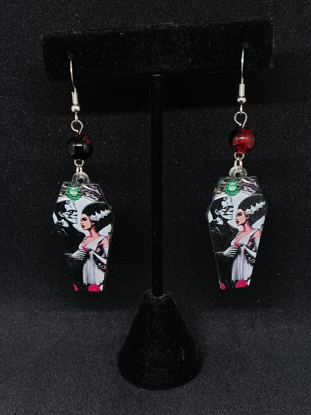 Coffin Dangle Earrings with Gothic Bride Print – Black & Red